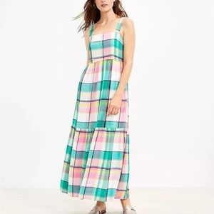 Ann Taylor LOFT Colorful Plaid Sleveless Tiered Maxi Dress Medium Petite MP